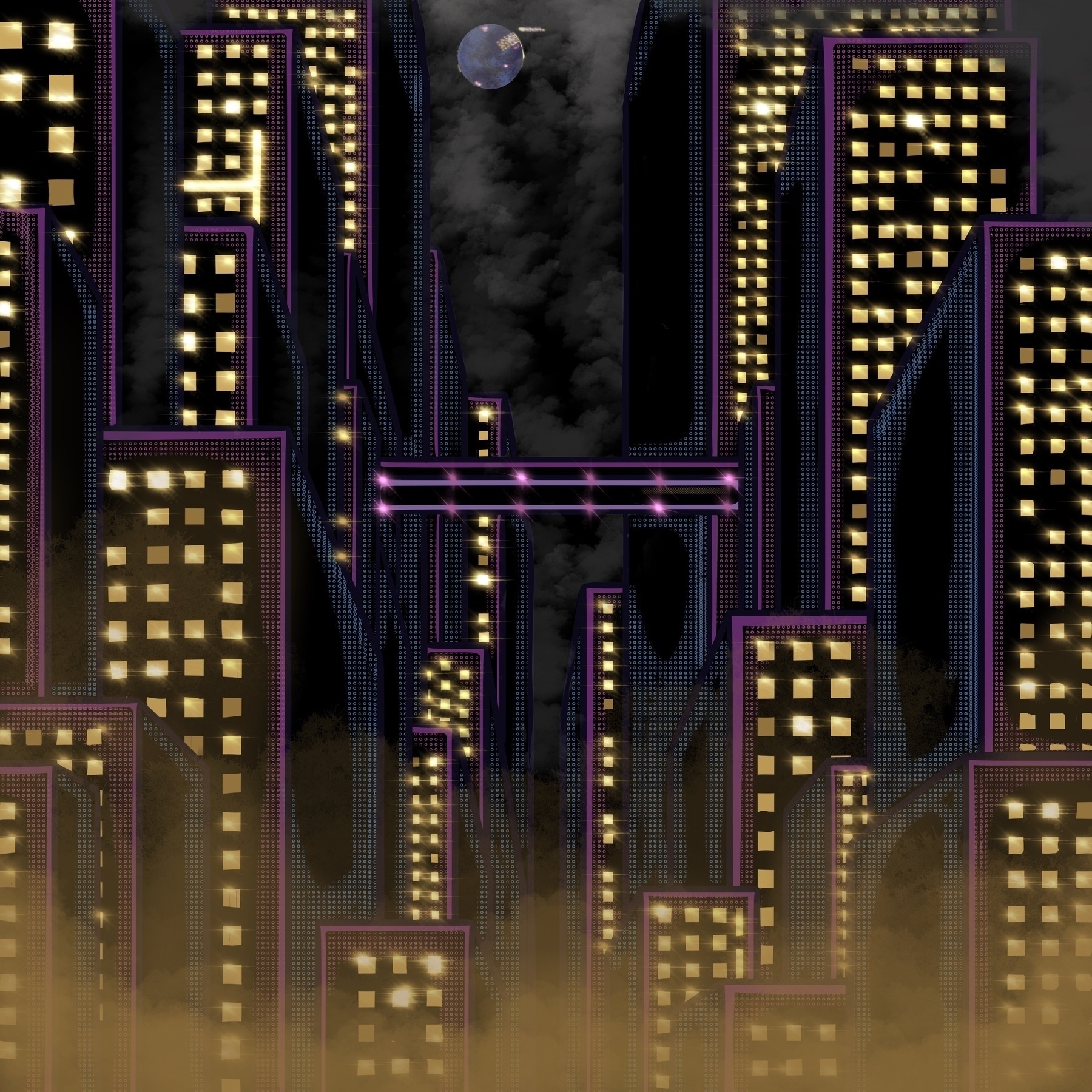 Art.  Black city view with neon purples and yellow lights.  Looks pretty cool