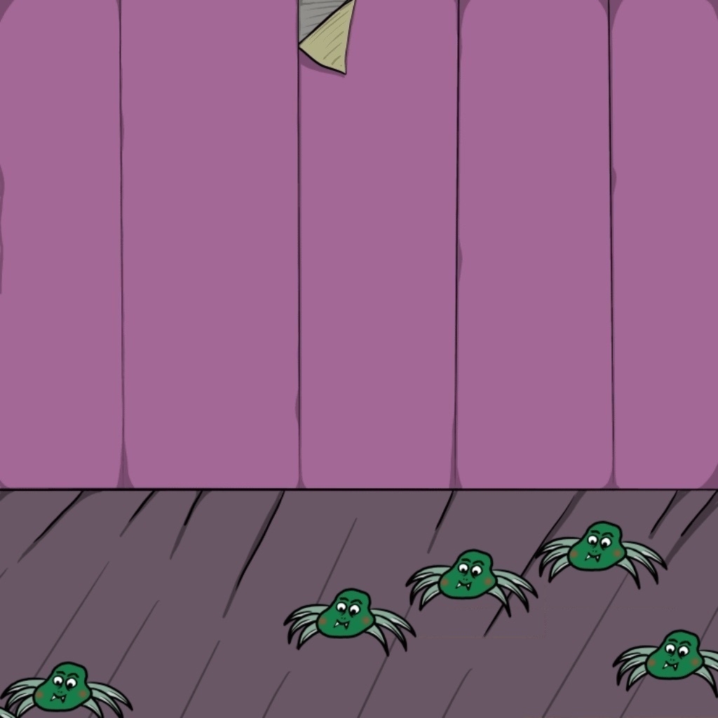 Spiders, cartoon… purple wallpaper, green spiders