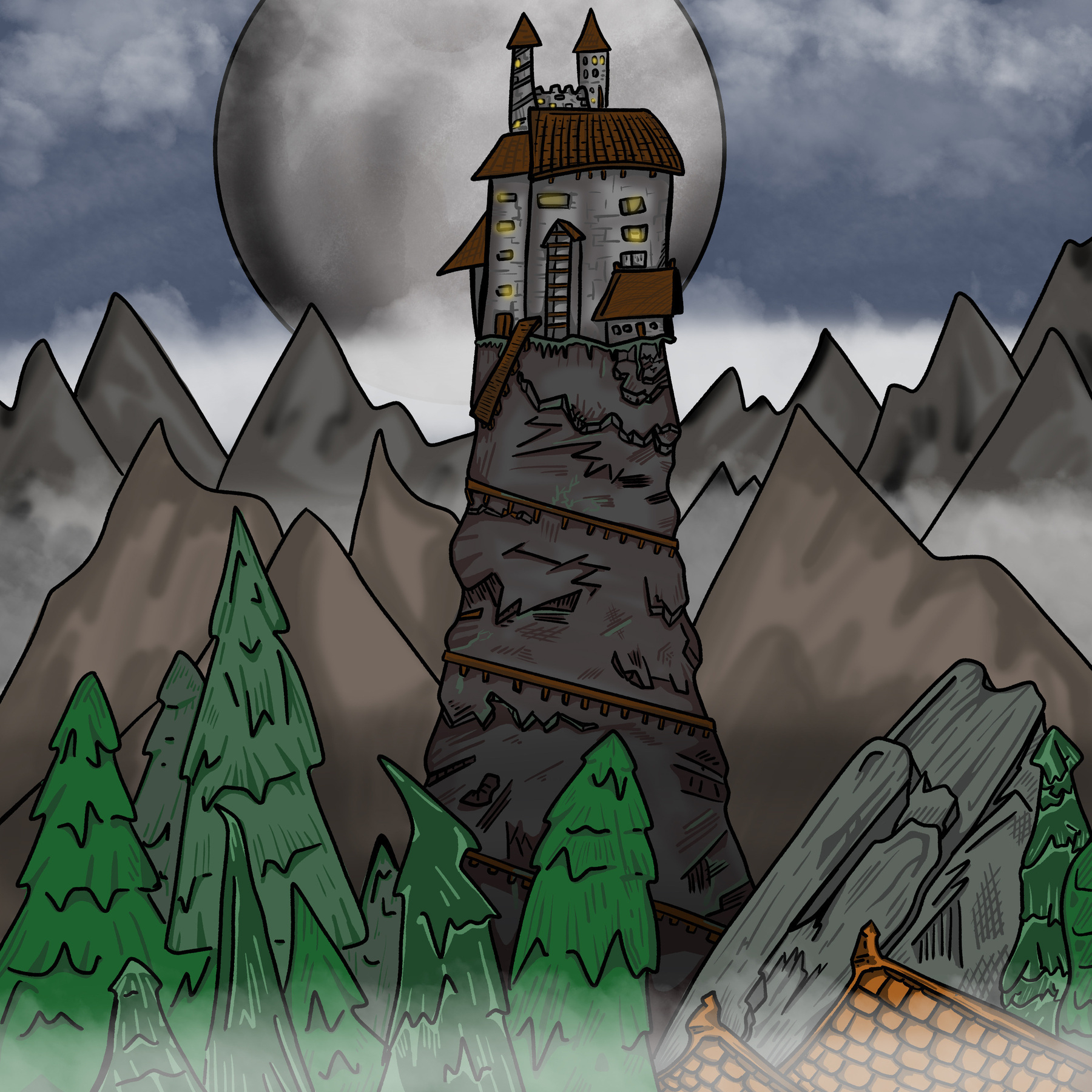 Cartoonish castle, illy, on a cliff. Big moon and mountains 