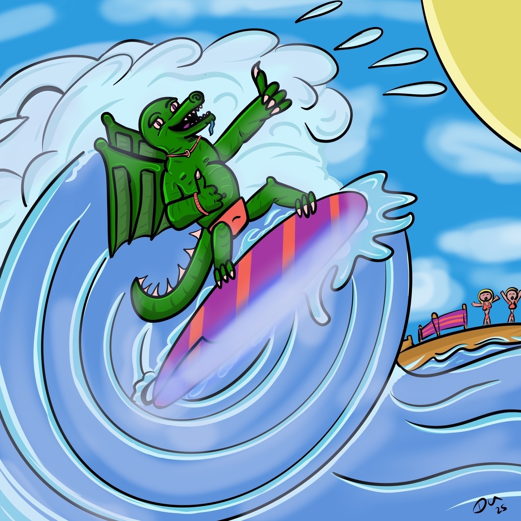 Cartoon dragon, surfing