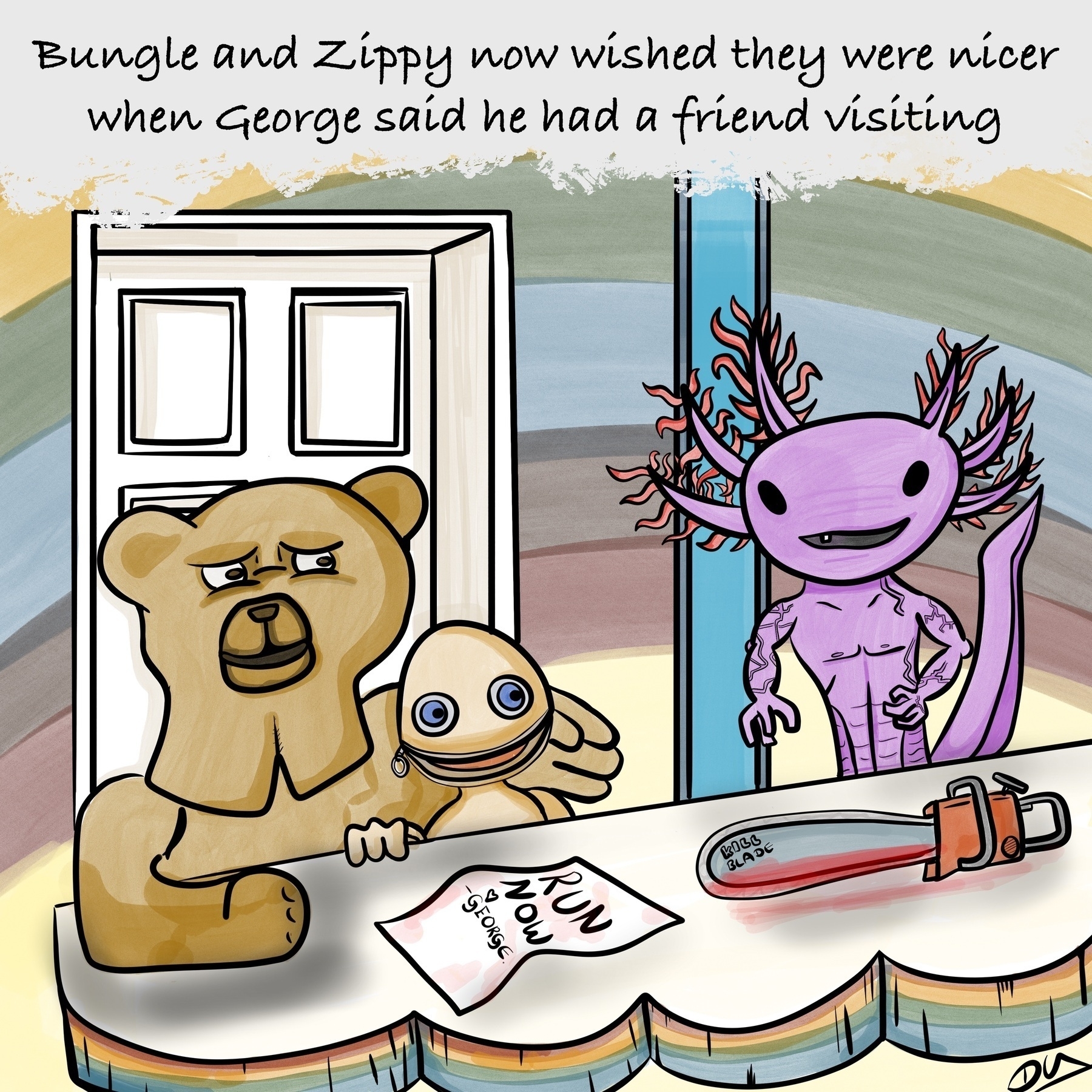 The to show rainbow in pastel colours, with a killer beast in place of George. Zippy and bungle look a bit scared.