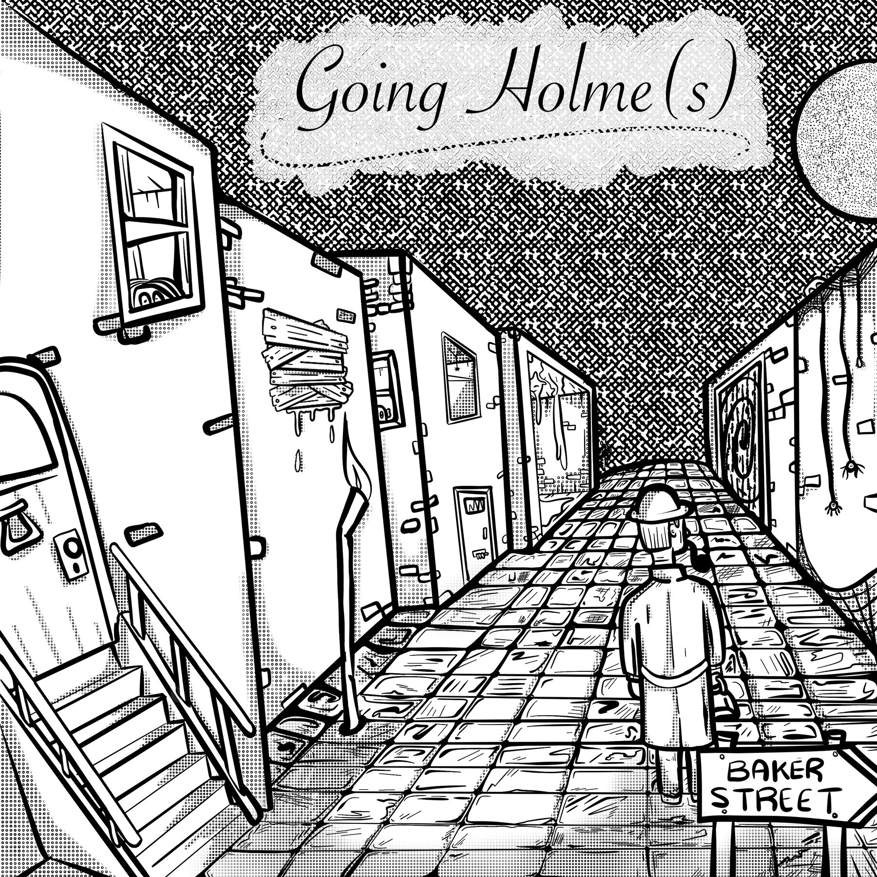 Sherlock homes in the street black and white line art 