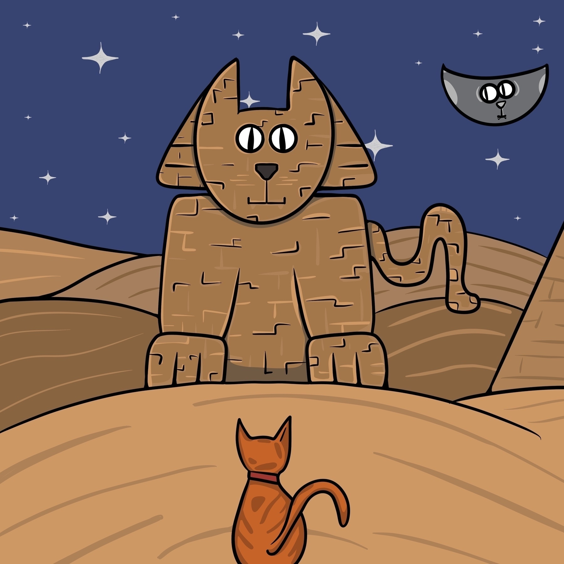 Cartoon. Or age cat looking at sphinx with Cartoon moon looking down. 