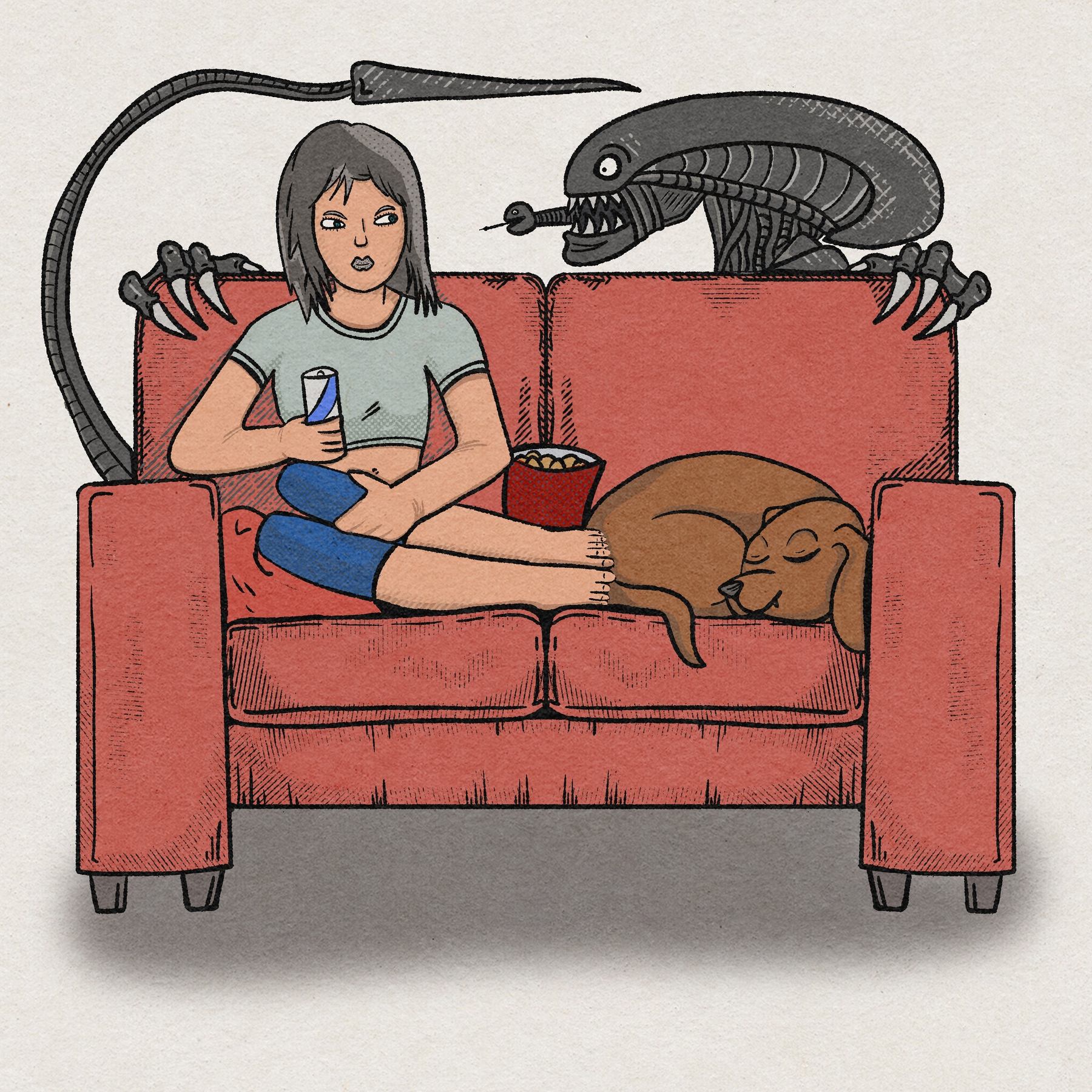 A girl is sitting on a red couch with a drink and popcorn as a dog sleeps beside her, while a menacing alien creature looms behind the couch reaching toward her.