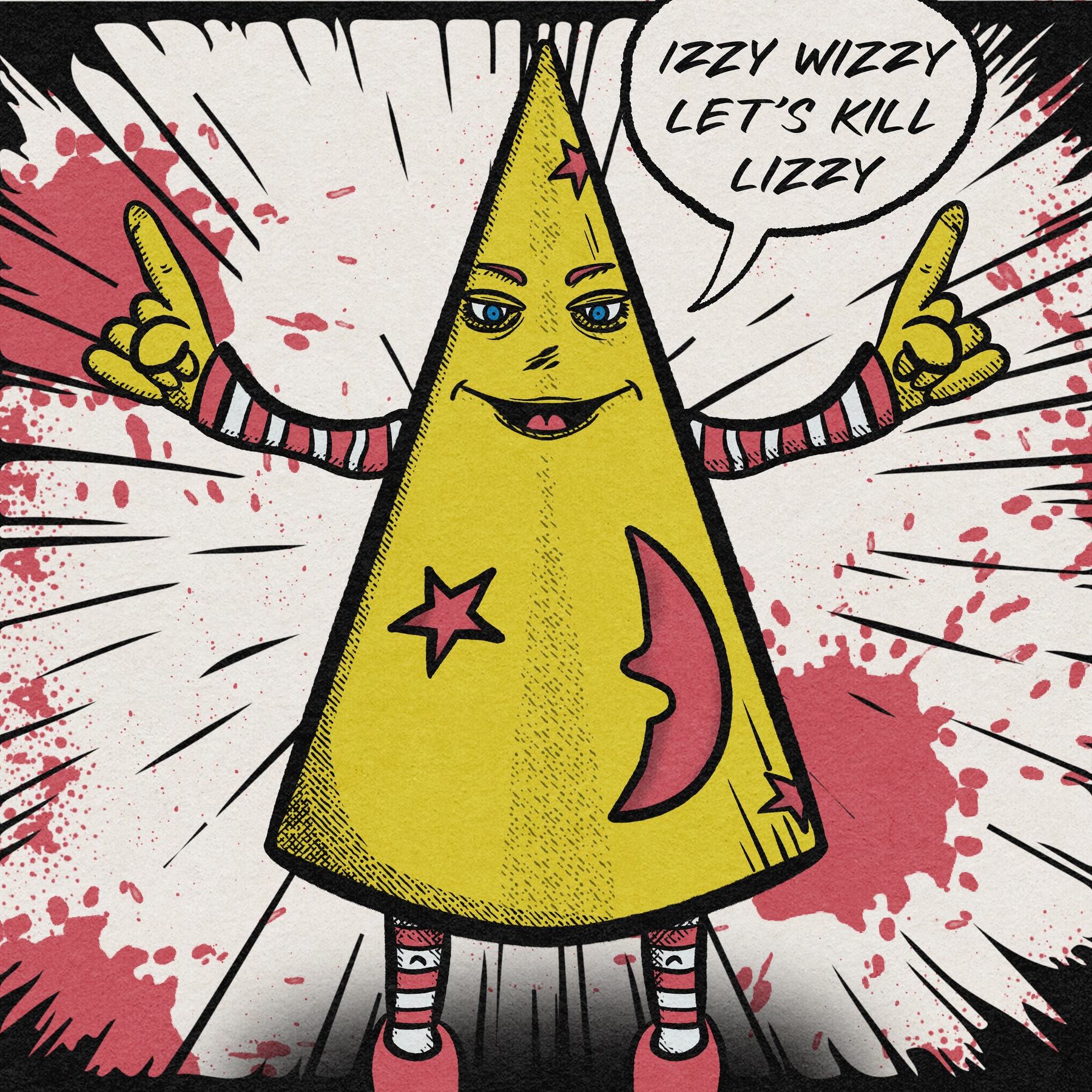 A cartoonish triangle character with arms and legs, decorated with stars and a crescent moon, is speaking with a text bubble that says, IZZY WIZZY LET'S KILL LIZZY, set against a bloody backdrop 