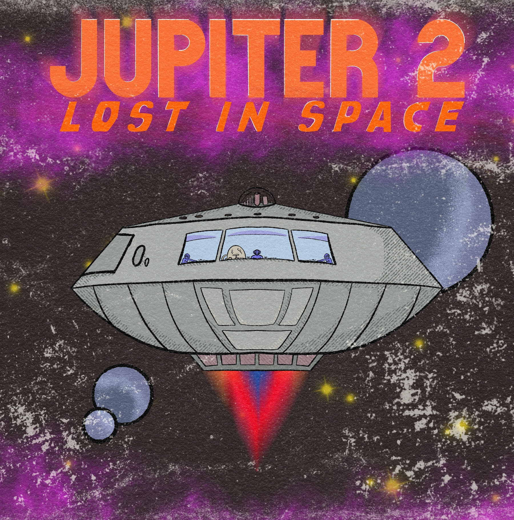 A retro-style spaceship is depicted flying through space with planets in the background and the text JUPITER 2 LOST IN SPACE prominently displayed above.