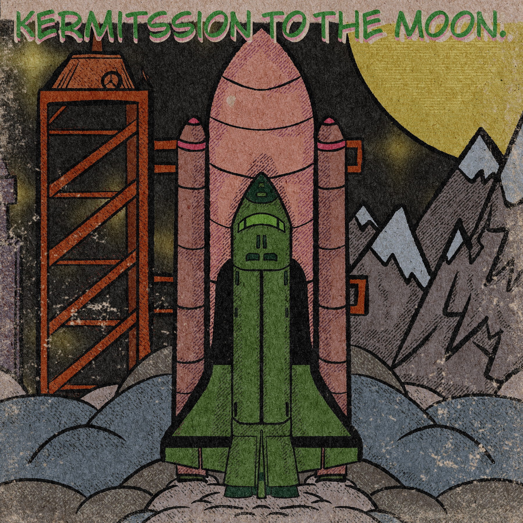 A cartoon rocket resembling Kermit the Frog is launching towards the moon, with the text Kermtission to the Moon.