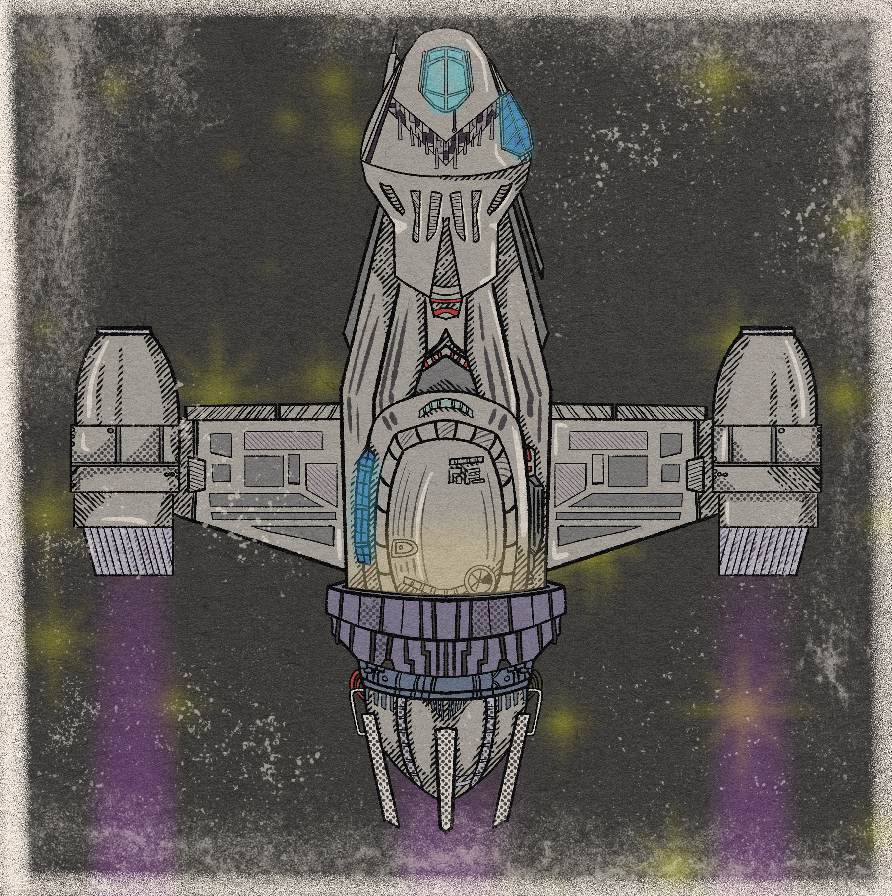 A futuristic spaceship with glowing exhaust trails flies against a starry backdrop.