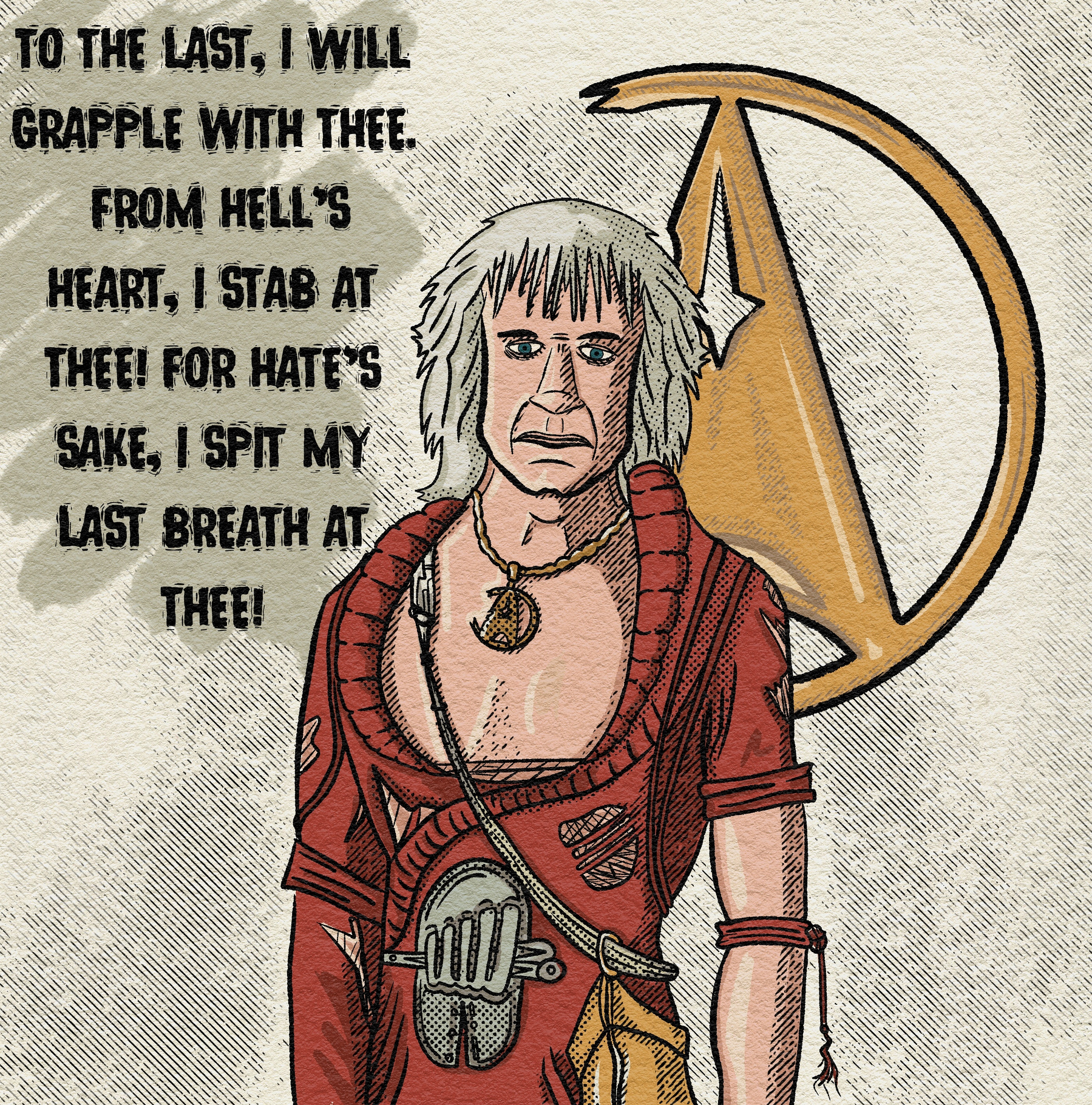 A determined character in a red outfit stands resolute next to a large golden star and crescent symbol, alongside a bold declaration of defiance and hatred.
