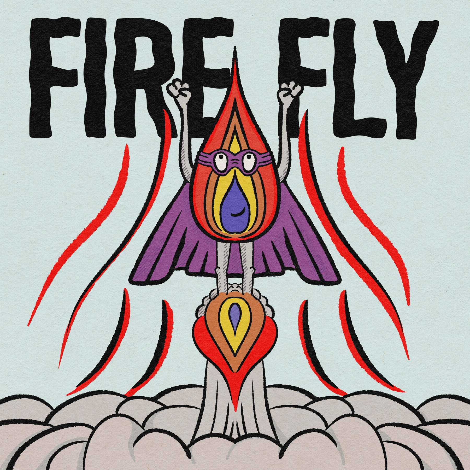 A colorful cartoon character with a flame-like body and wings is depicted beneath the bold text FIRE FLY, surrounded by red and black flame streaks.