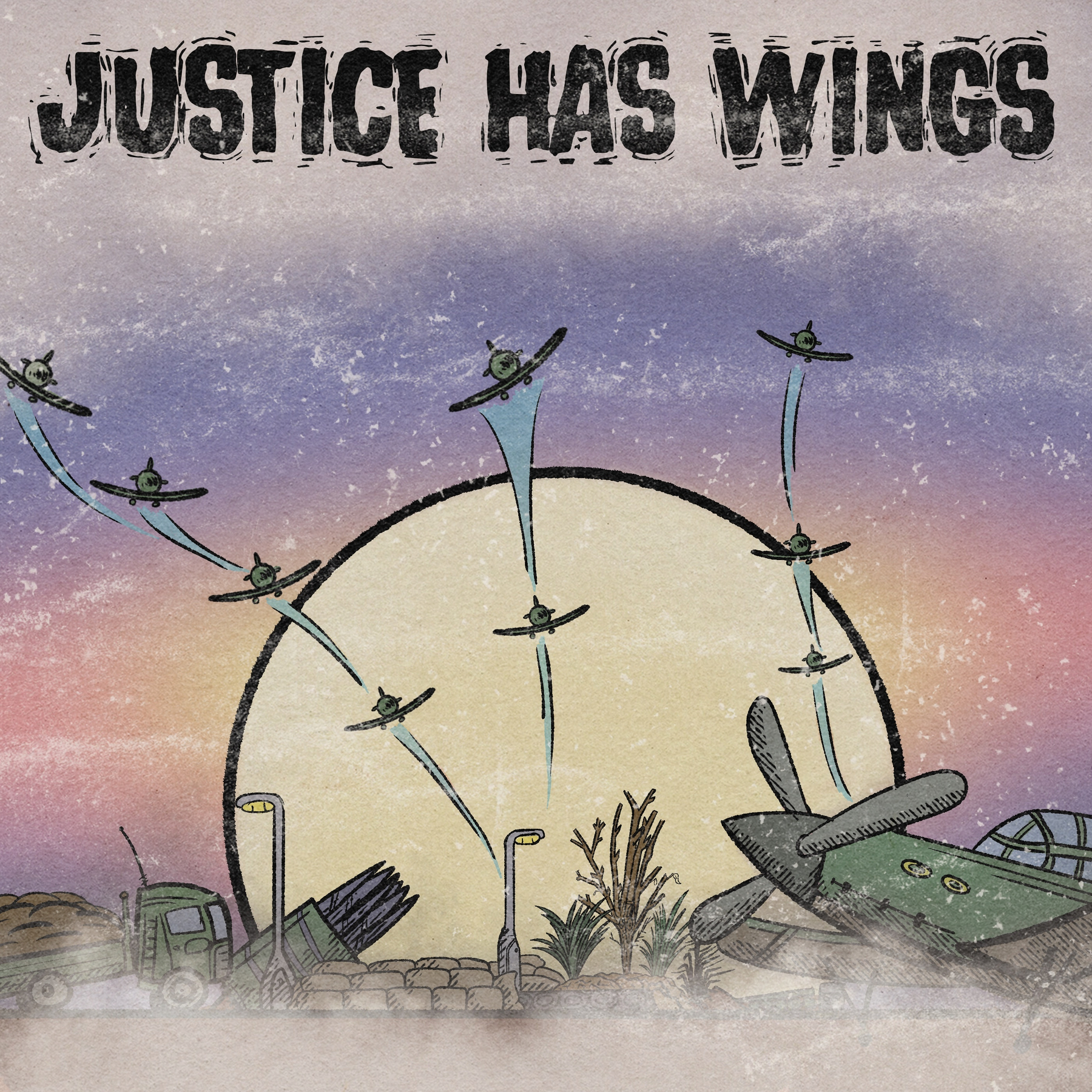 The illustration depicts futuristic flying saucers emerging from behind a large, setting sun with the bold text JUSTICE HAS WINGS above them.