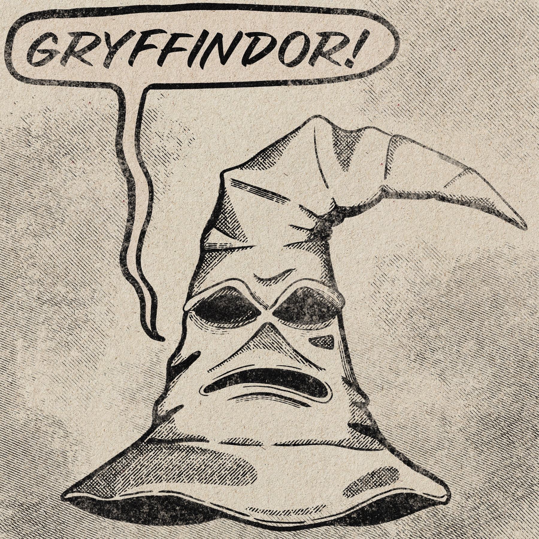 A wizarding hat with a face and speech bubble is declaring Gryffindor!