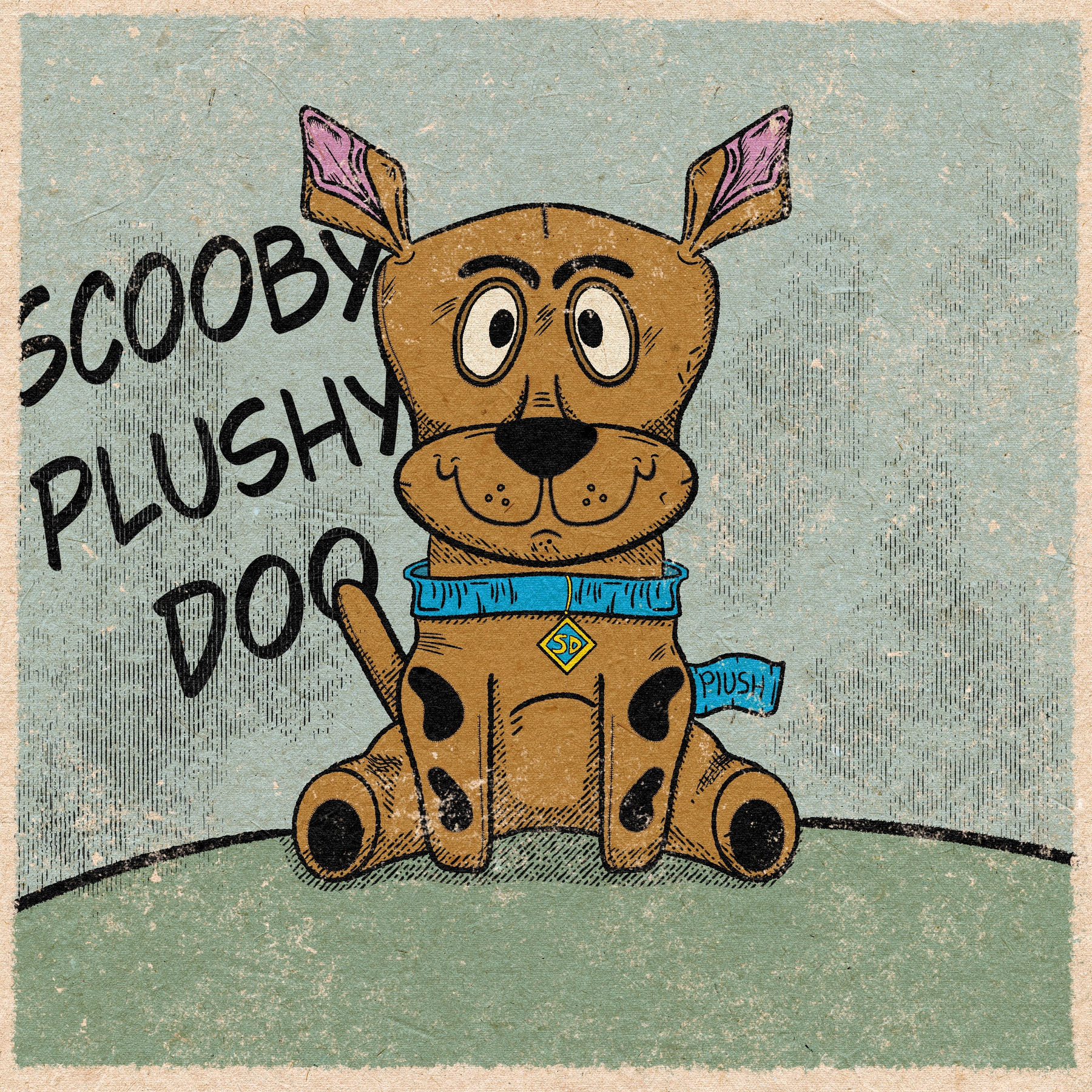 A cartoon-style plush dog resembling Scooby-Doo is sitting with a blue collar and a tag labeled SD, against a textured background with the text Scooby Plushy Dog.