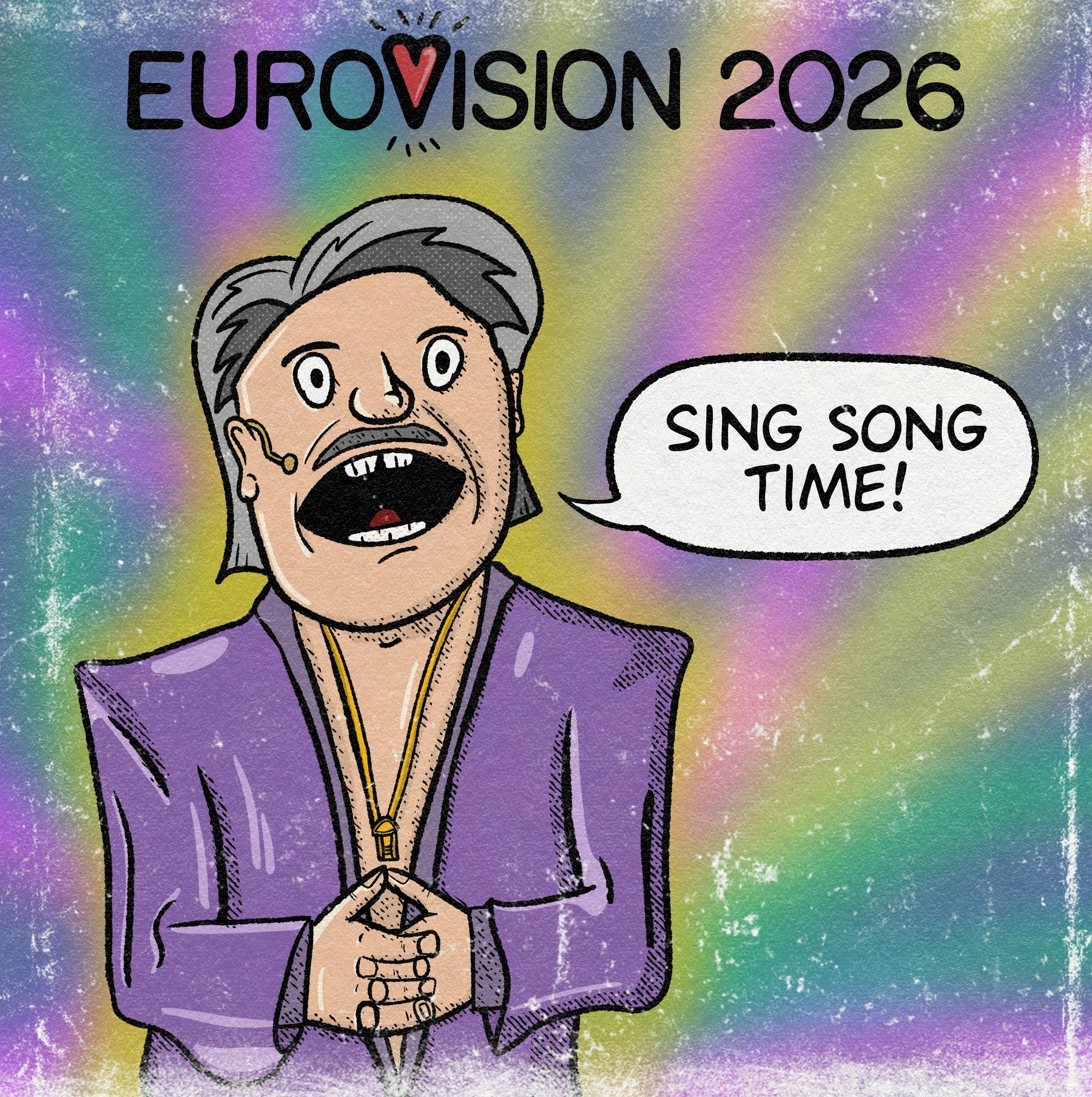 A cartoon character with a microphone says SING SONG TIME! against a colorful background with text that reads EUROVISION 2026.