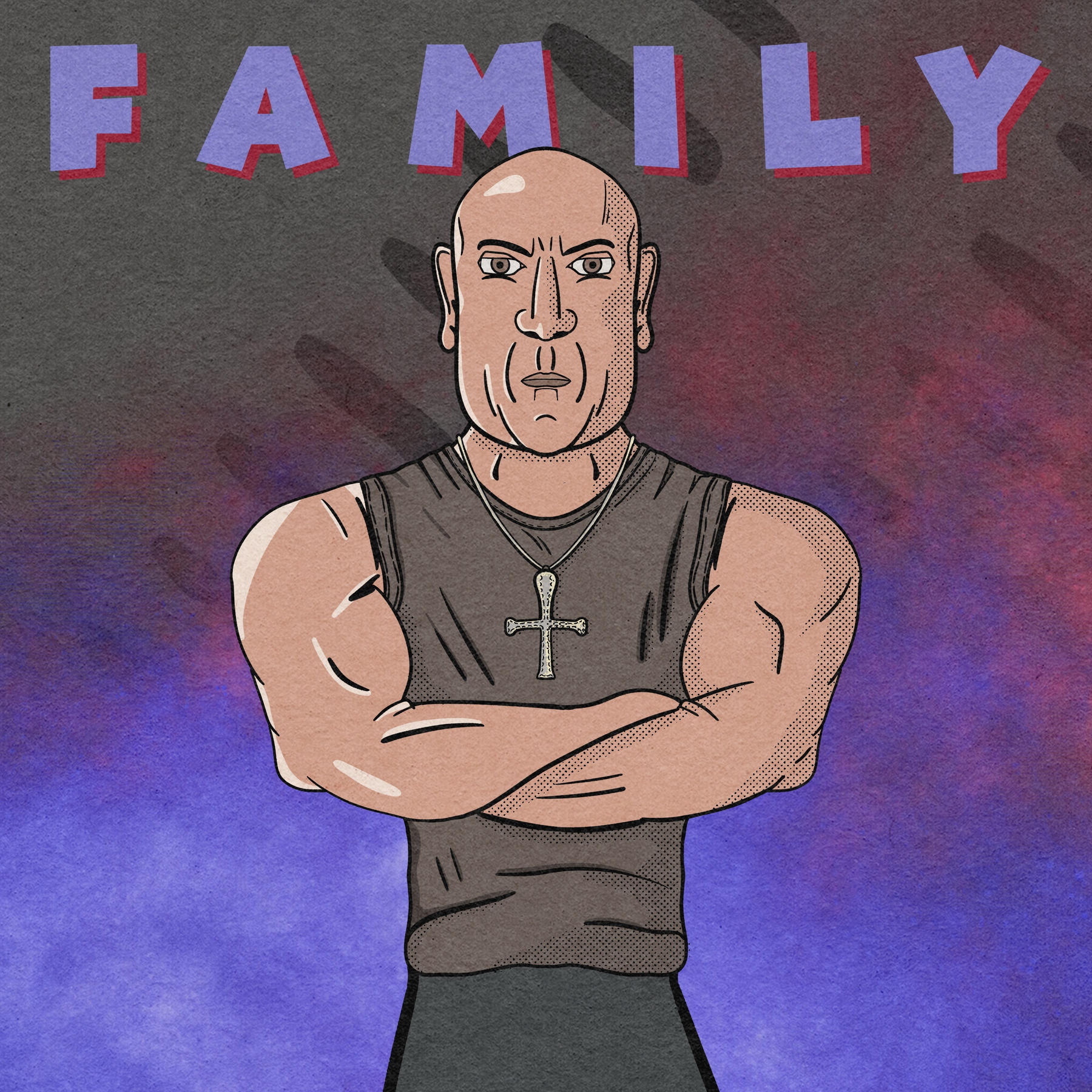 A muscular, bald cartoon character with a cross necklace stands with folded arms under the word FAMILY in bold letters.