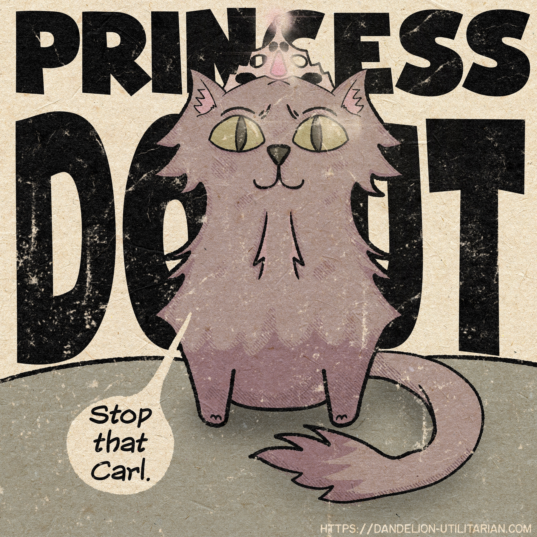 A fluffy purple cat wearing a crown is sitting and saying Stop that Carl in front of large text that partially reads PRINCESS DONUT.