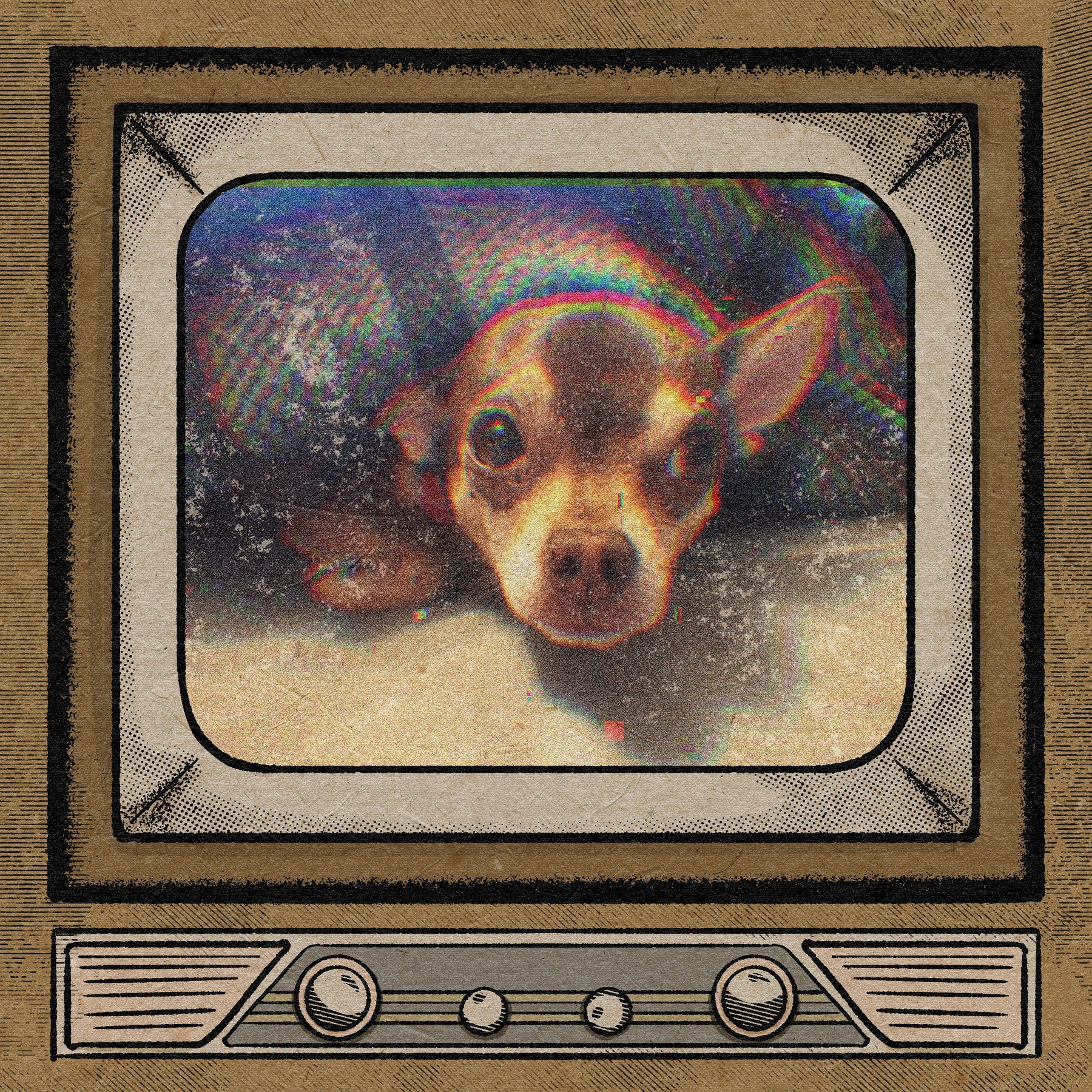 A small dog with large eyes is lying down and looking directly at the camera inside an old-fashioned TV frame illustration.