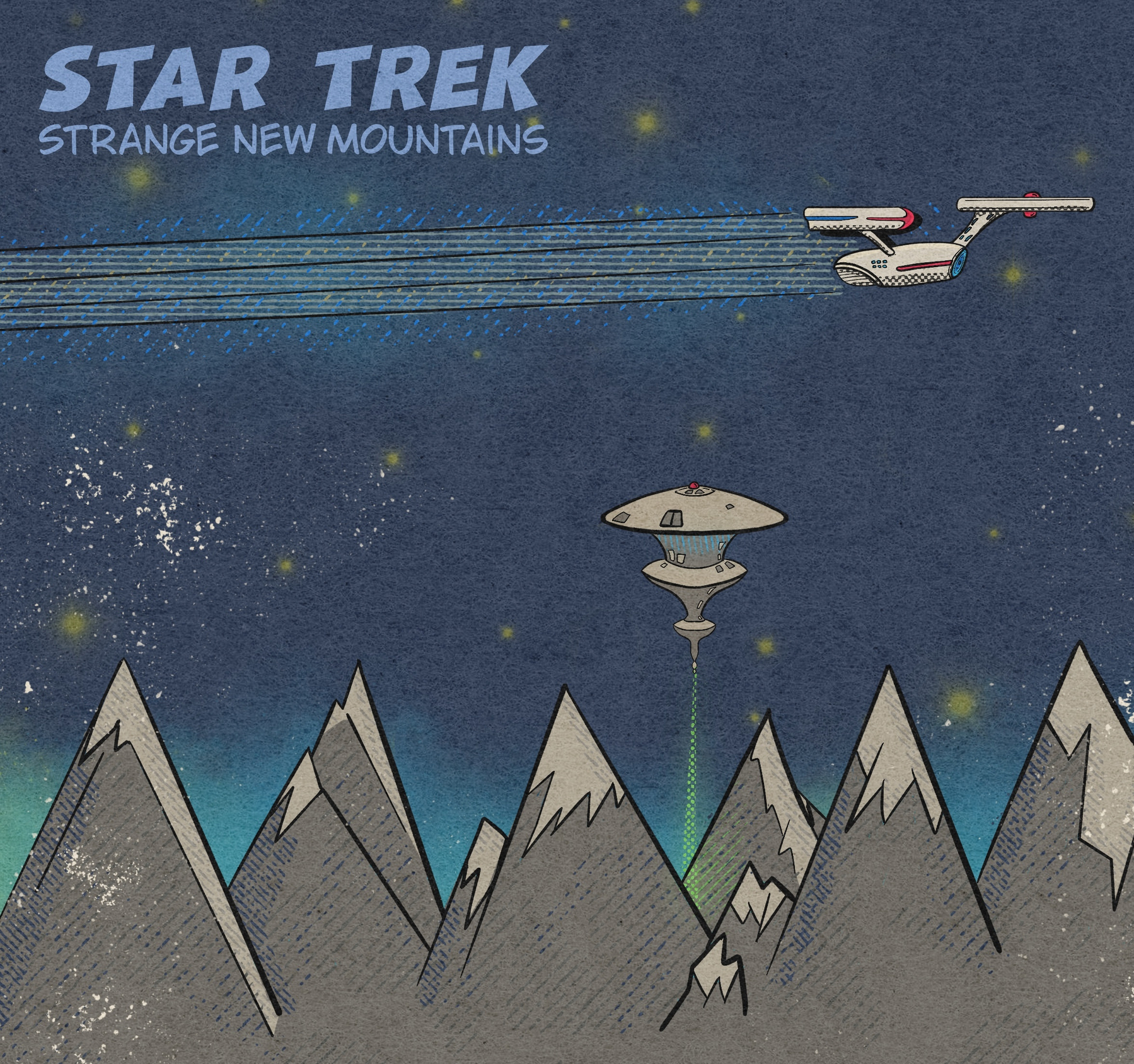 A sci-fi themed illustration features a spaceship flying over jagged mountains with a UFO-like structure hovering nearby.