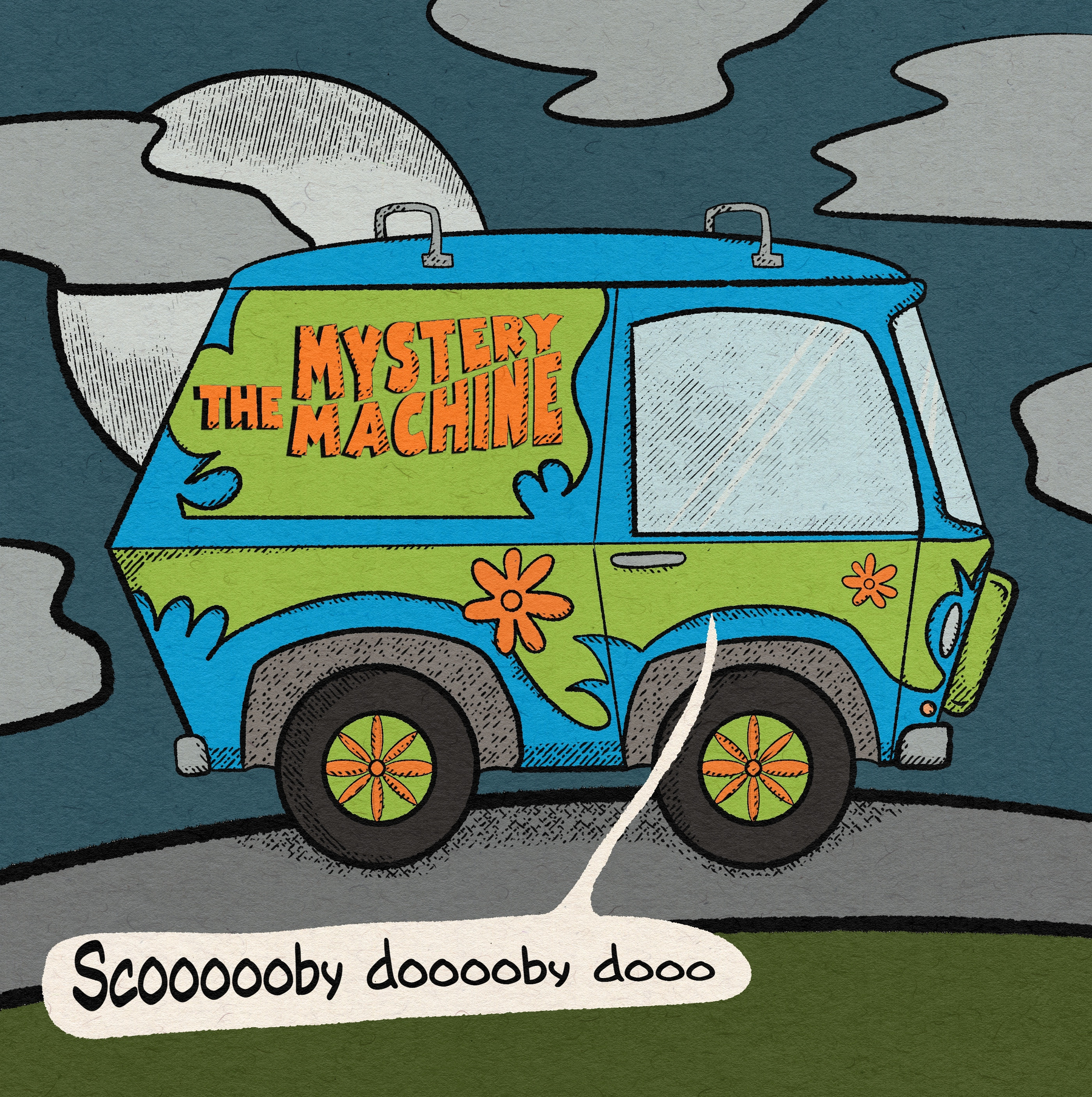 The colorful van labeled The Mystery Machine is driving at night with a speech bubble saying Scoooooby doooby dooo.