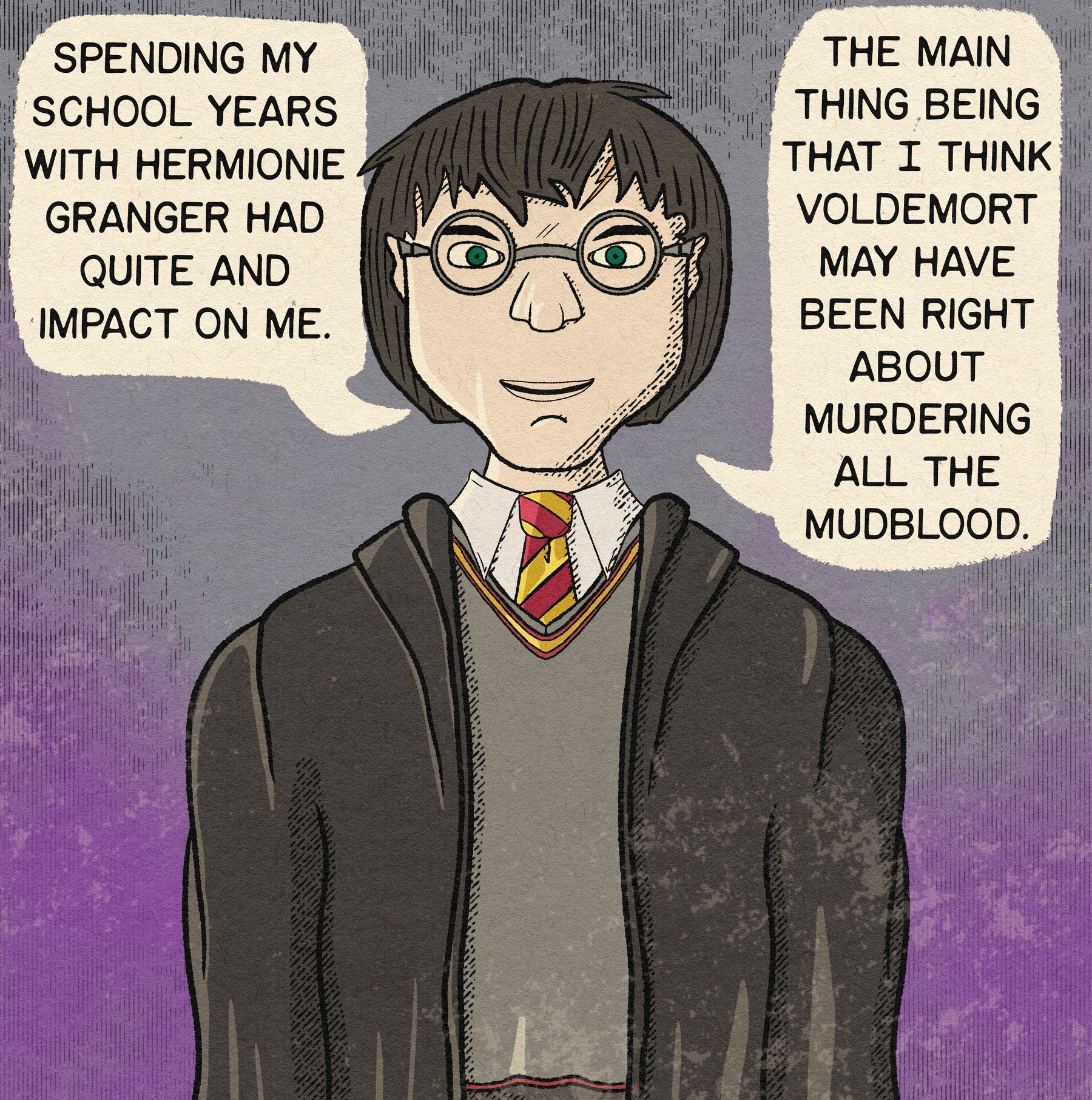 A cartoon character resembling a young wizard, in a school uniform with glasses, is making controversial remarks about past experiences and a notorious figure.