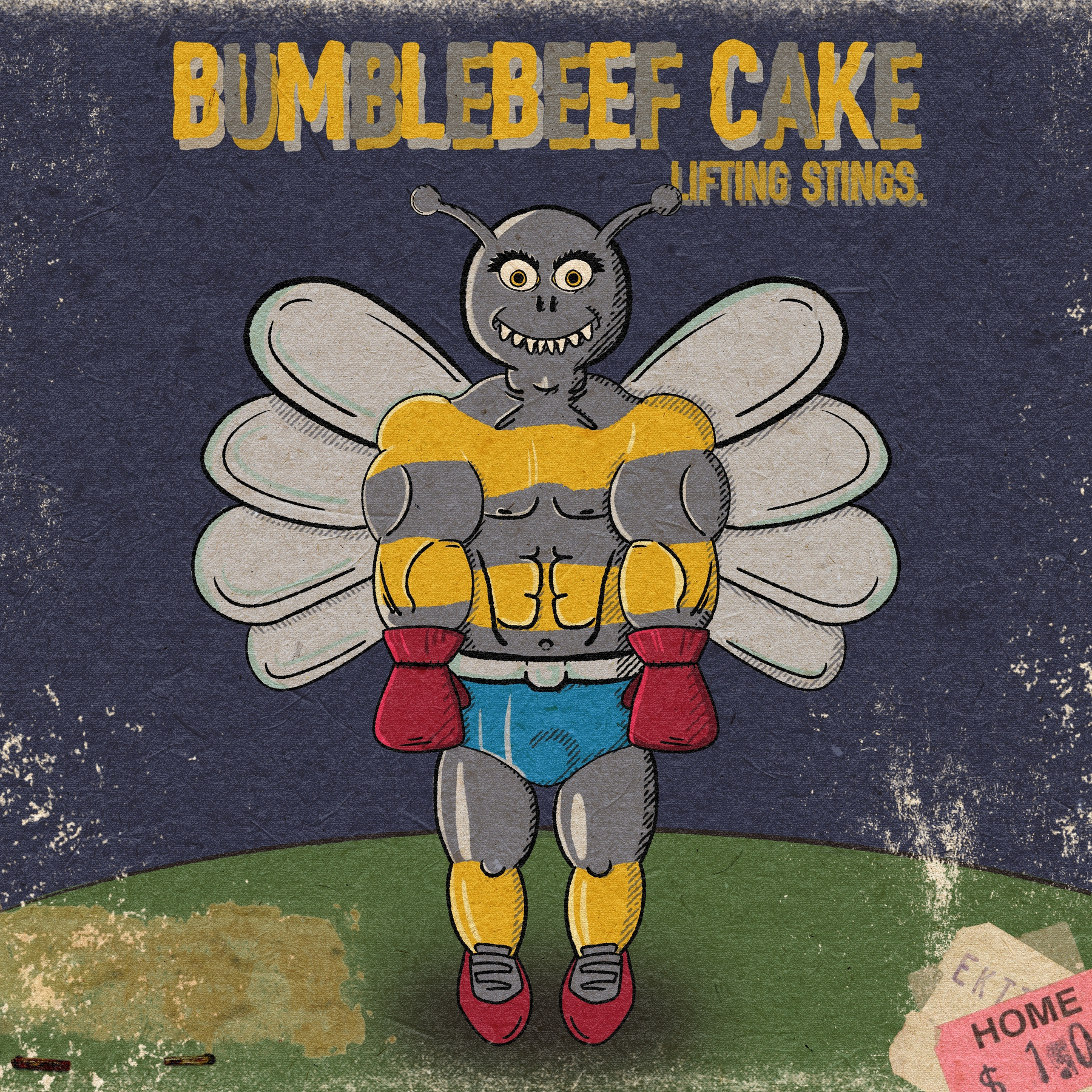 A cartoon character with a muscular body, dressed as a bee and resembling a strongman, is featured under the text BUMBLEBEEF CAKE LIFTING STINGS.