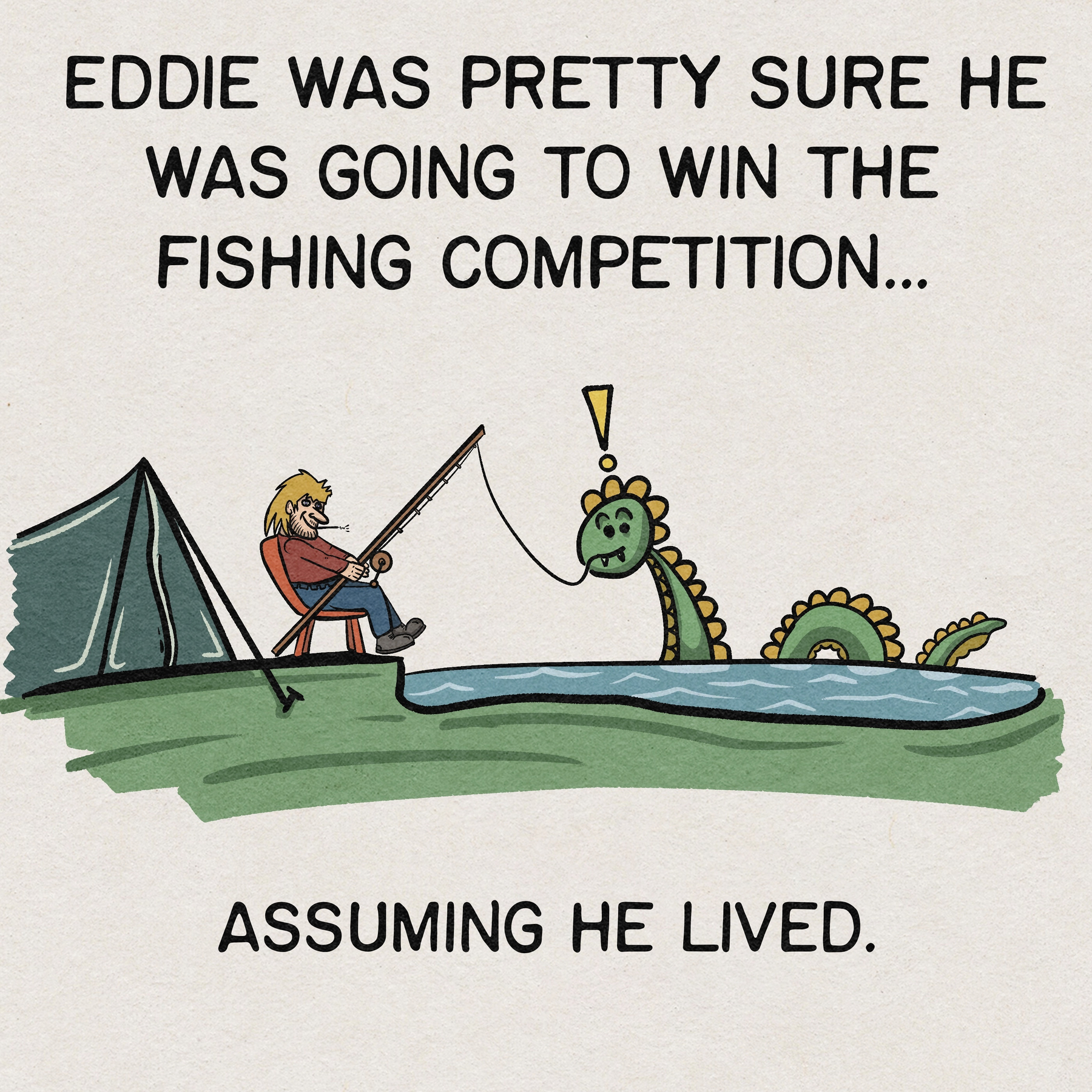 A person fishing at a lake encounters a large, dragon-like creature emerging from the water.