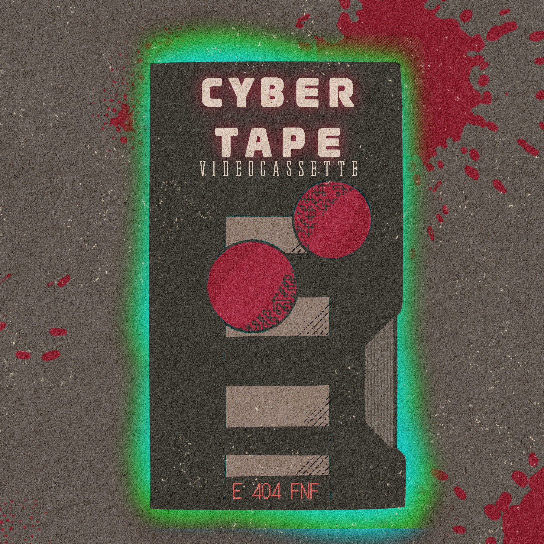 A stylized cassette tape cover labeled CYBER TAPE with red and green accents and abstract designs is surrounded by red splatters.