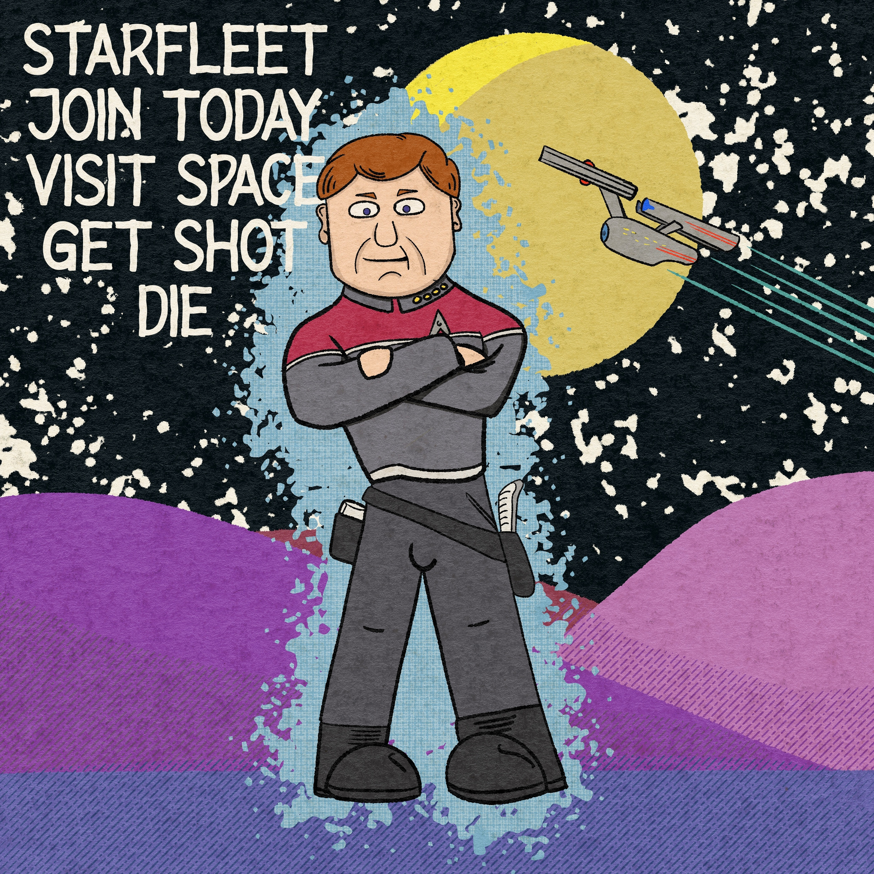A cartoon figure stands confidently in a space-themed background with a humorous text referencing a sci-fi adventure.