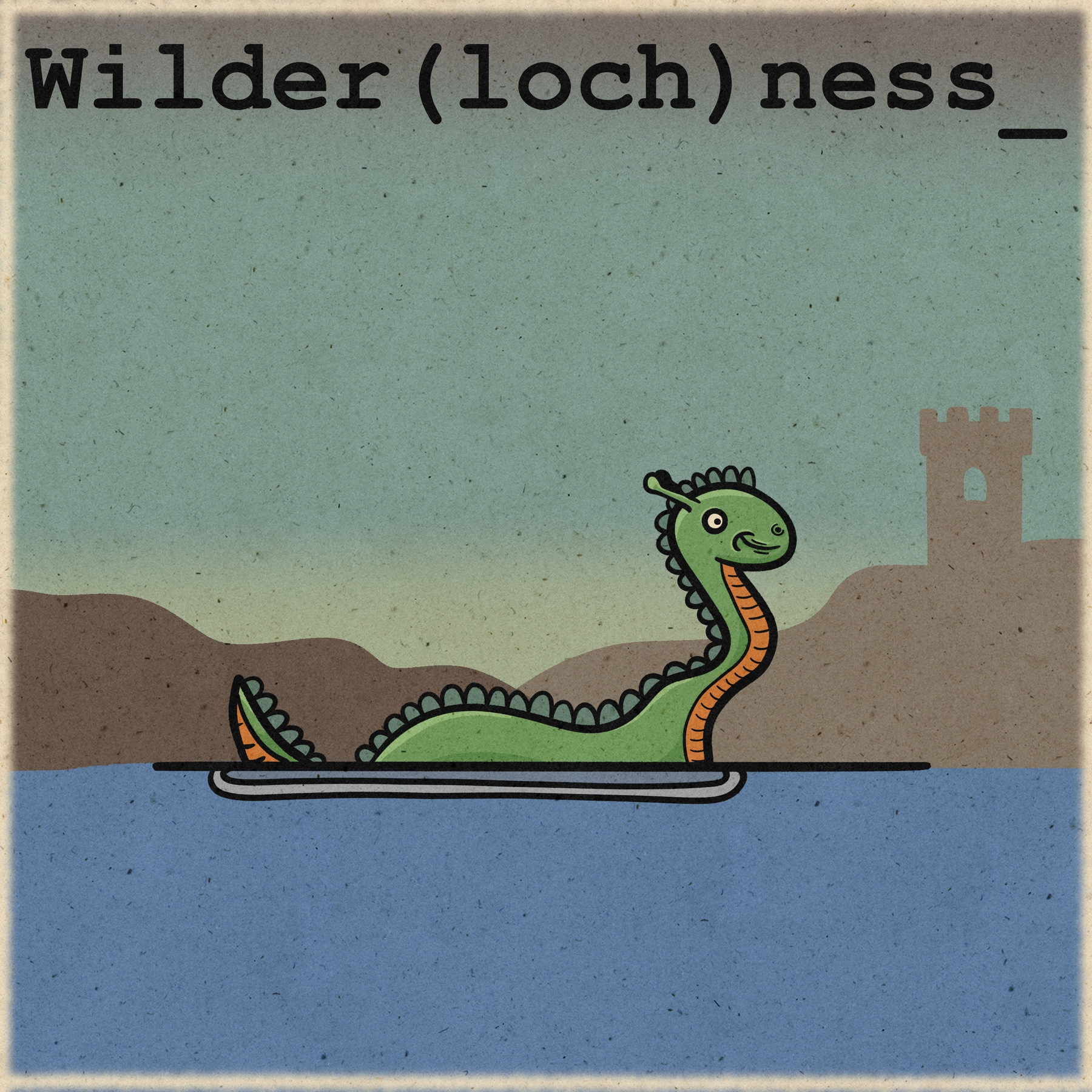 A cartoon depiction features the Loch Ness Monster swimming in a lake with the text Wilder(loch)ness above.