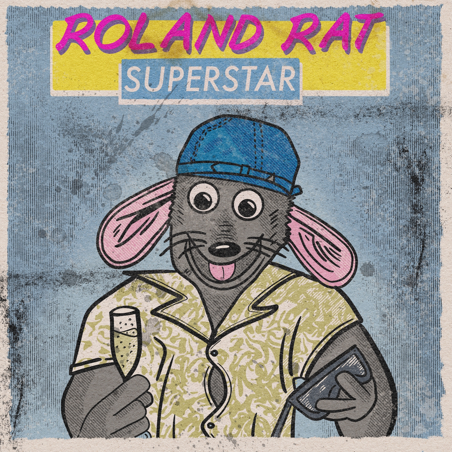 A cartoon rat wearing a patterned shirt, blue cap, and holding a champagne glass and sunglasses is featured under the title Roland Rat Superstar.