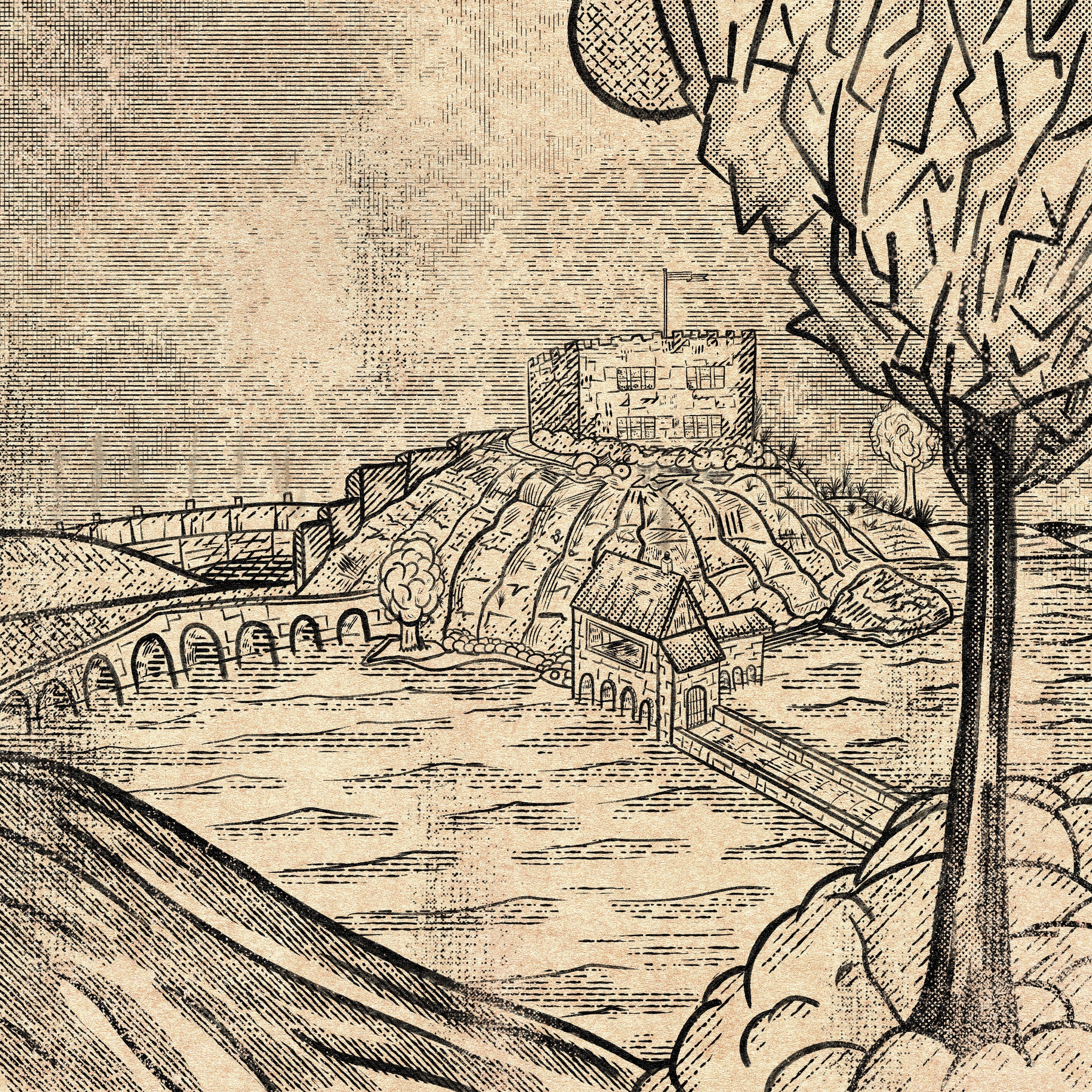 A vintage-style engraving illustration of a medieval riverside landscape, rendered in fine ink linework on aged parchment. A stone castle or fortified keep sits atop a rocky outcrop at the centre, flying a small flag. Below it, a multi-arched stone bridge spans a wide river, with a cluster of period buildings nestled at the water's edge. Rolling hills and fields recede into a hazy, cross-hatched sky, while bare trees frame the scene in the foreground. The warm sepia tones and halftone dot texture give the piece the feel of an old map illustration or antique print.