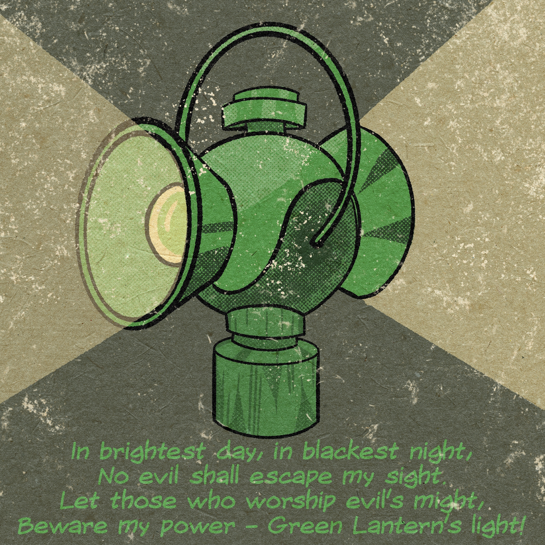 A green lantern with a light emanating from it is accompanied by the Green Lantern oath in stylized text.