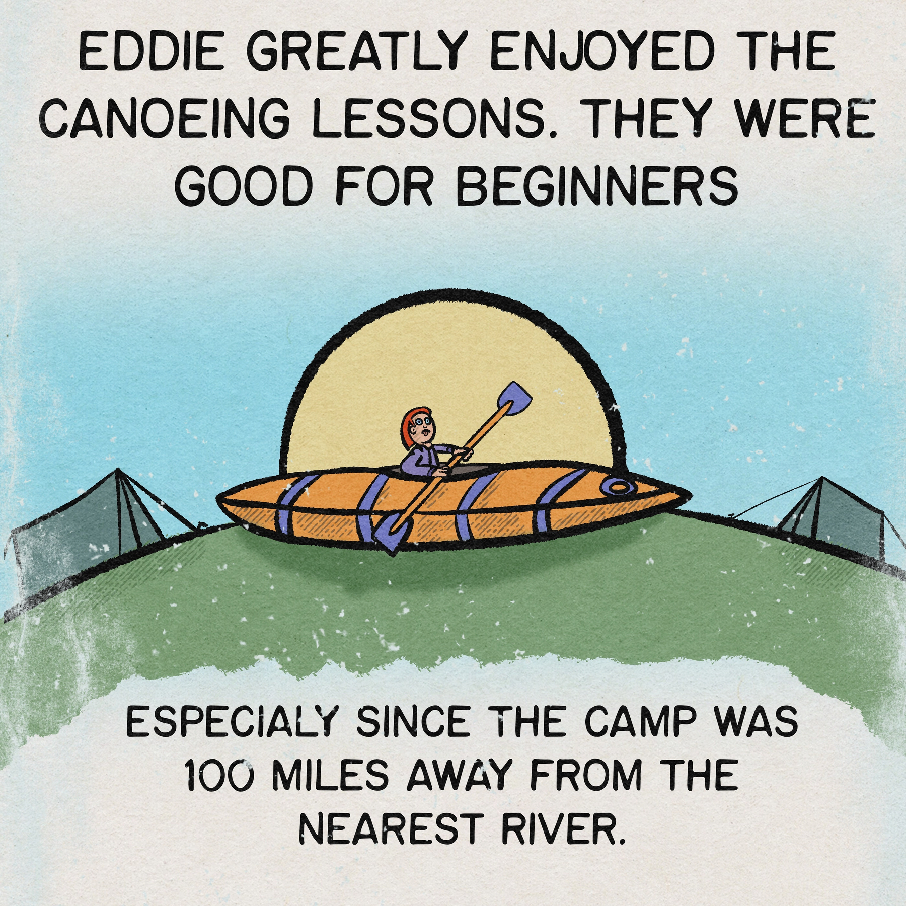 A person in a canoe on dry land enjoys a lesson, humorously highlighting their distance from the nearest river.