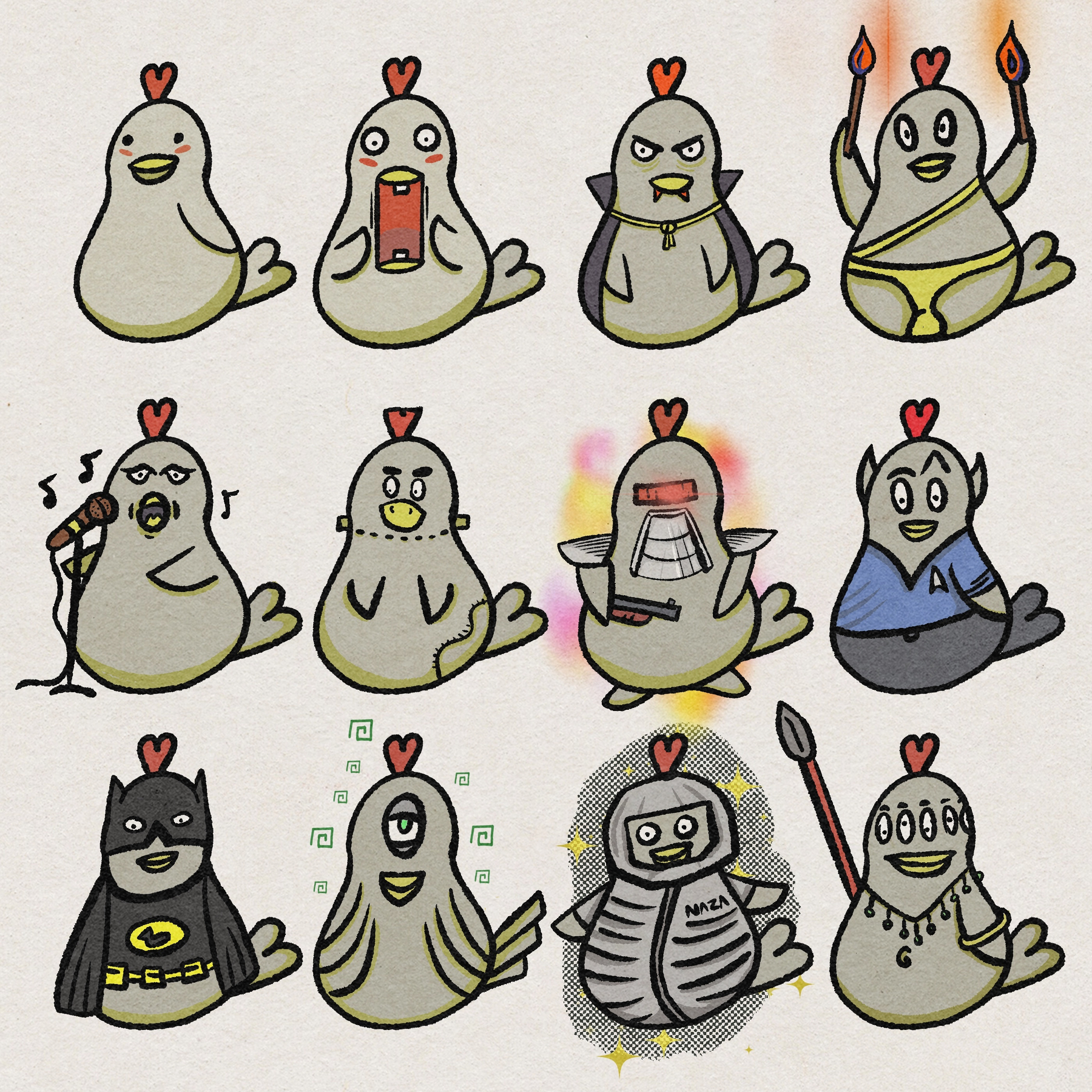 Twelve cartoon chickens are each depicted in different costumes and poses, ranging from casual to superhero and futuristic themes.